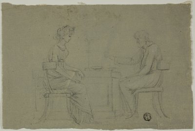 Mand og kvinde sidder ved bordet af Unknown artist