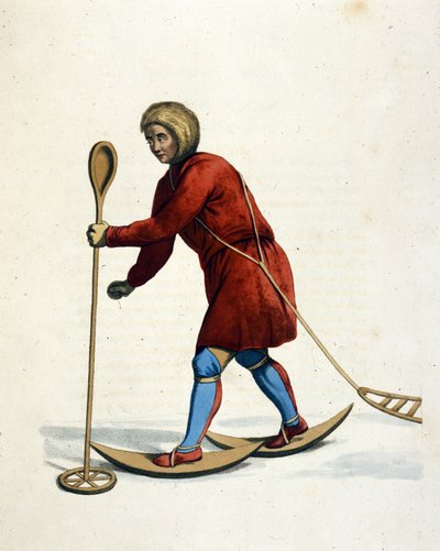 Mand af Ostiak-stammen (Khanty eller Khante) (Sibirien) på ski. Indgravering af "Det russiske imperiums kostume" London 1803. af Unknown artist