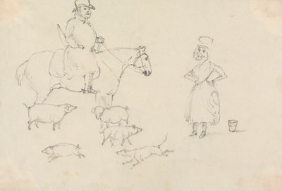 Mand til hest, med grise af Unknown artist