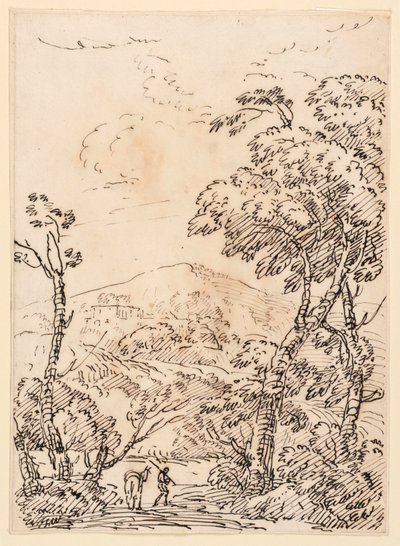 Mand med æsel i landskab af Unknown artist