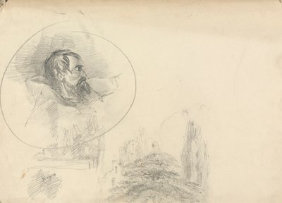 Mand med hætte og landskab af Unknown artist