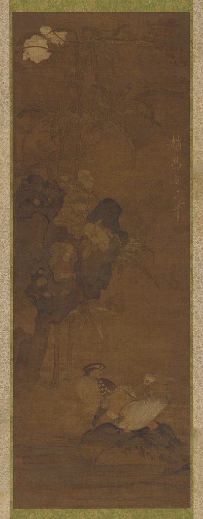 Mandarinænder, sten og en blomstrende plante af Unknown artist