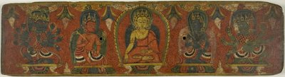 Manuskriptomslag med Buddha, to bodhisattvaer og to beskyttelsesgudinder (Lokapalaer) af Unknown artist