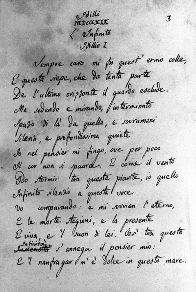 Manuskript af "" Idilli"" (Idyllerne) af den italienske digter Giacomo Leopardi (1798 - 1837) 19. århundrede af Unknown artist