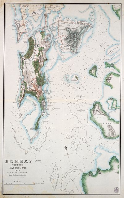 Kort over Bombay med havnen og det tilstødende land, også vist Det Arabiske Hav og Den Persiske Golf, ca. 1855 (blæk, akvarel) af Unknown artist