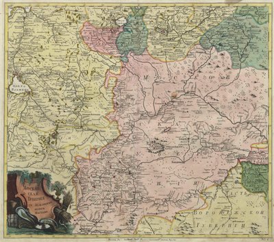 Kort over Moskva guvernement og dele af nærmeste provinser - Anonym mester - 1745 - Kobberstik, akvarel - Videnskabsakademiet, Sankt Petersborg af Unknown artist
