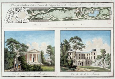 Kort over den franske forfatter og dramatiker Pierre Augustin Caron de Beaumarchais (1732-1799) have og hus på den nuværende Boulevard Beaumarchais i Paris. Gravering omkring 1795 Paris, Musee Carnavalet af Unknown artist