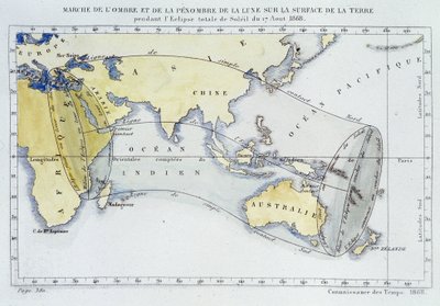 Kort, udgivet af Bureau of Longitudes, der viser månens skygge og mørke march på jordens overflade under formørkelsen i 1868 af Unknown artist
