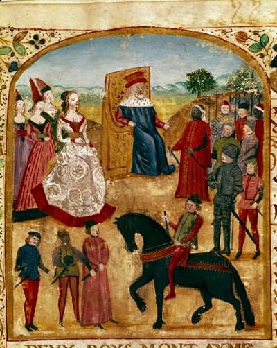Margaret af York (eller Margaret Plantagenet eller af Bourgogne eller af England) (1446-1503) møder sin mand Charles af Valois Bourgogne kendt som Charles the Temerary, hertug af Bourgogne til Damme 03/07/1468 Miniature taget fra "" Faktabogen af Alexander af Unknown artist