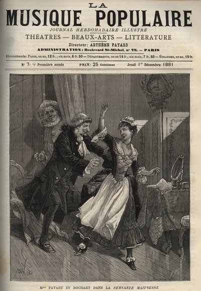 Marie Justine Benoite Duronceray, kaldet Madame Favart, og Rochart (Rochard) i "Servante Maitresse" (Serva padrona) af Pergolese (Giovanni Battista Pergolesi) - indgravering i "" Popular Music""" berømte ugeavis - 1882 af Unknown artist