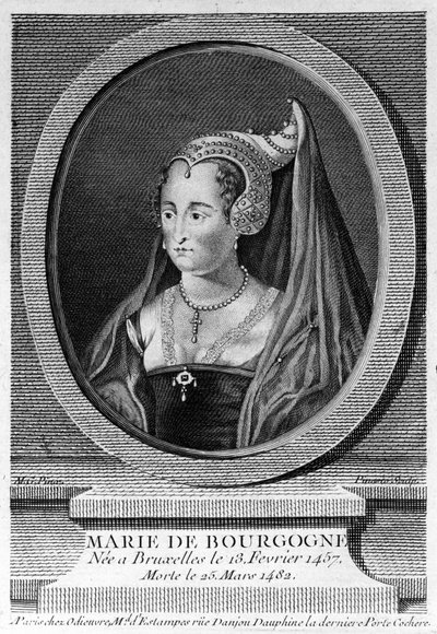 Marie af Bourgogne (1457 - 1482), datter af Karl den Dristige og hustru til Maximilian af Østrig. 1800-tals gravering. af Unknown artist