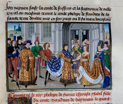 Ægteskab mellem Philippe Auguste (1165-1223) og Isabelle de Hainault (28. april 1181). Miniature i "" Chronicles of Emperors"" af Loyset Liedet (1420-1479) af Unknown artist