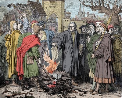 Martin Luther (1483-1546) en Wittenberg brænder boblen af ekskommunikation lavet af pave Leon X af Unknown artist