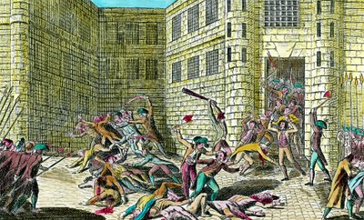 Folket massakre på fangerne i Saint Germain-klostret i september 1792. Scene for den franske revolution. Stik af det 18. århundrede. Privat samling. af Unknown artist