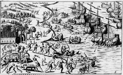 Møde mellem folkene i Christopher Columbus og kannibalerne - i "Nova Tipus Transacto Navigatio Novi Orbi"" af Philoponus Honorius af Unknown artist