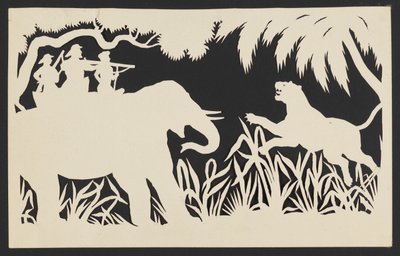 Mænd, der skyder en tiger fra en elefant af Unknown artist