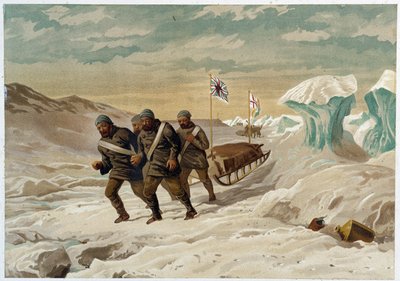 Mænd og slæde på isen - i "" Polarhavets kyster, en arktisk ekspeditionsfortælling"", af Dr. Edward Moos, Marcus Nard & Co, London af Unknown artist