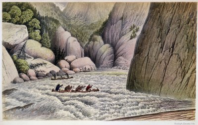 Men in Canoing Descending Rapids: "" An escape at the fourth rapid""" - i "" Exploration of the Labrador Peninsula"" af Hind, London af Unknown artist