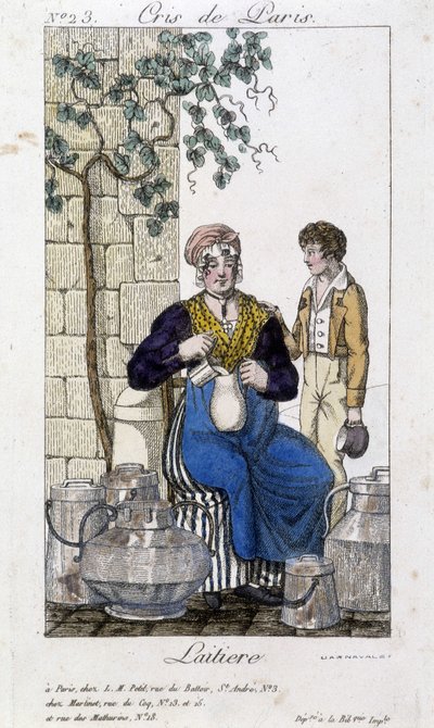 Mælk hælder mælk i en flaske til en ung mand - i "" Cris de Paris"", deb. 19. århundrede af Unknown artist
