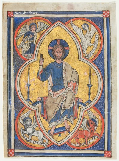 Miniature udskåret fra en psalter: Kristus i majestæt med symboler for de fire evangelister af Unknown artist