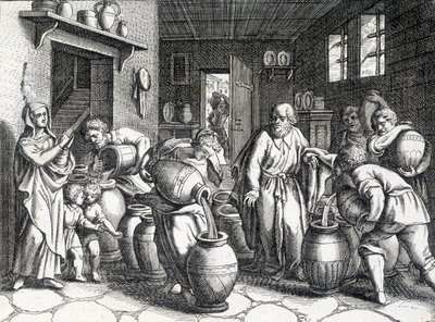 Mirakel af Elisee, bibelsk profet og discipel af Elias, som med sin kappe formidler sin ånd og kræfter til ham. Stik fra 1724. af Unknown artist