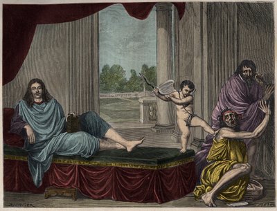 Moliere Jean Baptiste Poquelin (1622-1673) der fremkalder komediens Genie for at nedlægge laster og afskaffe hykleri - Indgravering efter et maleri, der forsvandt fra det 17. århundrede af Unknown artist