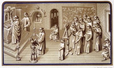Munke i et kapel i klostret: bøn og kor. Grisaille af Vor Frue Mirakler. Kromolitografi. 19. århundrede af Unknown artist