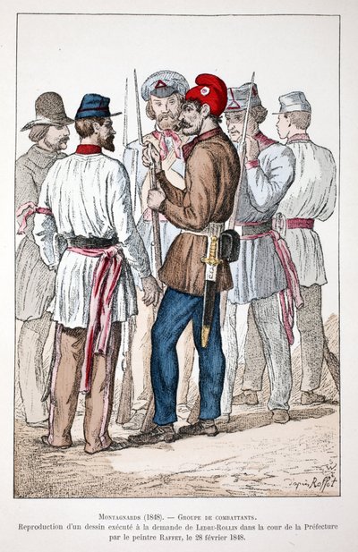Montagnards (1848), en gruppe krigere, hvoraf den ene bærer den frygiske kasket og den revolutionære kokarde. Eau forte en couleurs, reproduktion af en tegning udført på anmodning af Alexandre Ledru-Rollin (Ledru Rollin) (1807-1874) i gården til af Unknown artist