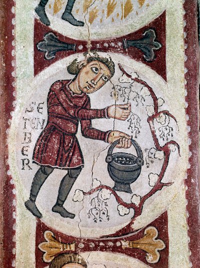 Månedscyklus: September (høst). Detalje af en fresko fra det 12. århundrede fra Royal Pantheon of the Real Colegiata of San Isidoro (Royal Collegiale of Saint Isidore). Leon. af Unknown artist