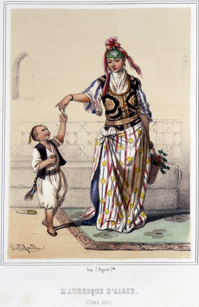 Maurisk kvinde ledsaget af et barn hjemme i Algier i anden halvdel af det 19. århundrede. af Unknown artist