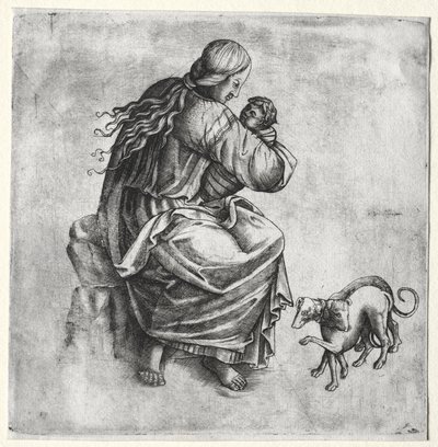 Mor og barn med to hunde af Unknown artist