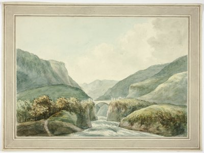 Bjergby ved bro over vandløb af Unknown artist