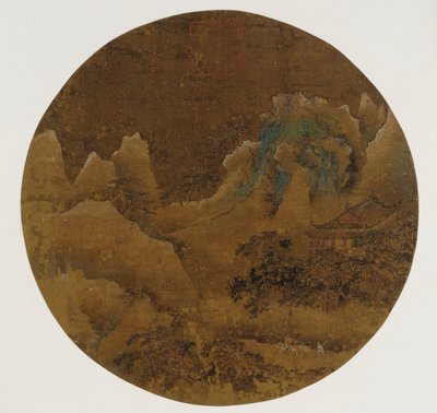 Bjerglandskab: klipper, tempel og fyrretræer af Unknown artist