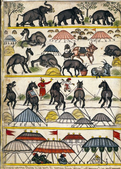 Mughal militærlejr. Side fra manuskriptet (ms.8300) "" Mogols historie"" (Moghul eller Moghol) af Stefano Nivibus Cardeira. 1700-tallet. Bibloteca marciana, Venedig af Unknown artist