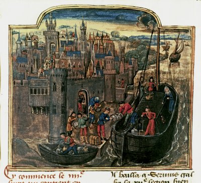 NAVIGATION: Lastning af et handelsskib, slutningen af det 15. århundrede (miniature) af Unknown artist
