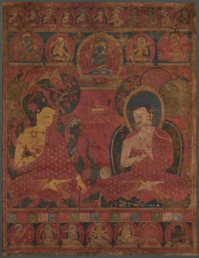 Nagarjuna (ca. 150-250 e.Kr.) med en buddhistisk mester af Unknown artist