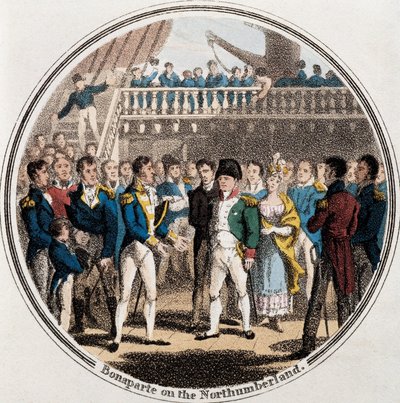 Napoleon Bonaparte og den engelske admiral George Cockburn på Northumberland ledsaget af Madame Bertrand (farve litho) af Unknown artist