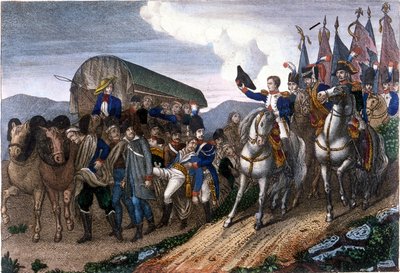 Napoleon hylder sårede soldater. 1800-tals gravering. af Unknown artist