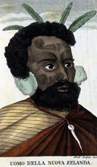 Indfødte maorier fra New Zealand. 1800-tals gravering. af Unknown artist