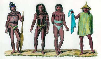 Naturlige øer Uros Penelope og Aouar, befolkningen på det oceaniske kontinent. 1700-tals stik. Privat samling. af Unknown artist