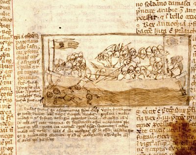 Søslag mellem saracenere og korsfarere i 1120. Ifølge manuskriptet ""Pilgrimsrejse til det hellige land"" fra det 12. århundrede. Marciana, Venedig. af Unknown artist