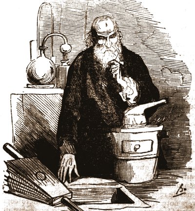 Nicolas Flamel (1330 - 1418) i sit laboratorium. af Unknown artist