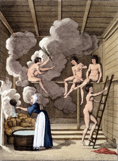 Nøgne figurer i en filandansk sauna. Indgravering fra 1811 indeholder en bog om rejsen. af Unknown artist