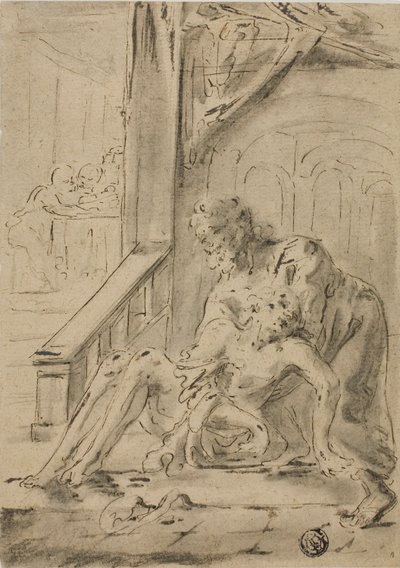 Gammel mand støtter ung mand af Unknown artist