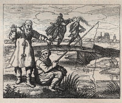 Gamle ordsprog: anledningen er skaldet bagfra - gravering 1700-tallet af Unknown artist