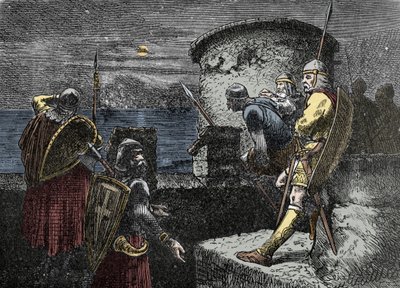 På udkig efter nordmænd - varegue-vagten (Varangian) observerer horisonten bag fæstningsværket af Unknown artist