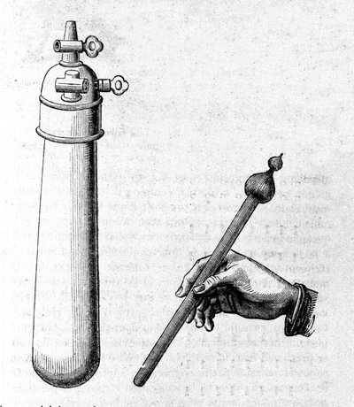 Til venstre bruger en beholder den første oplevelse af vandhammeren (repræsenteret til højre) for at demonstrere, at i vakuumet falder væsker som en fast masse. Gravering af Unknown artist