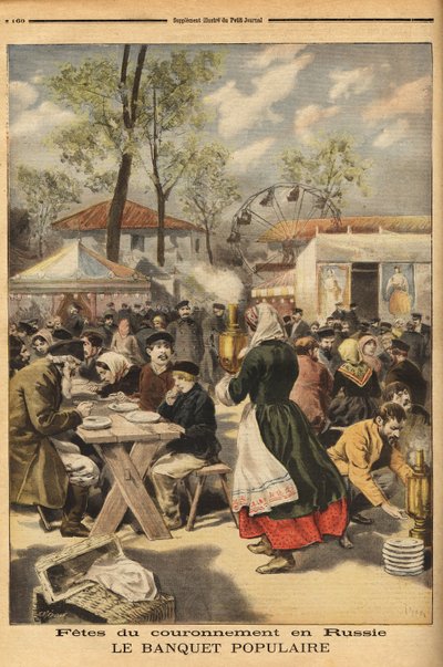 I anledning af kroningen af zar Nicholas II tilbydes en populær banket til 500.000 russere på Khodinskoie-manøvrefeltet i Moskva, forudgået af teaterforestillinger. Indgravering i "" Le petit journal"" 17/05/1896. Selvas samling. af Unknown artist