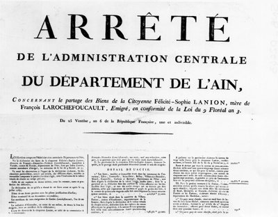 Ordre af centraladministrationen af afdelingen for Ain - Rochefoucauld Family Archives. af Unknown artist