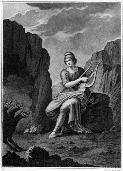 Orpheus ved indgangen til underverdenen møder Cerberus. Litografi. 19. århundrede af Unknown artist